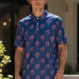 Yatta Golf Men's Desert Heat Navy Polo with Red Cactus Print Activewear Novelty